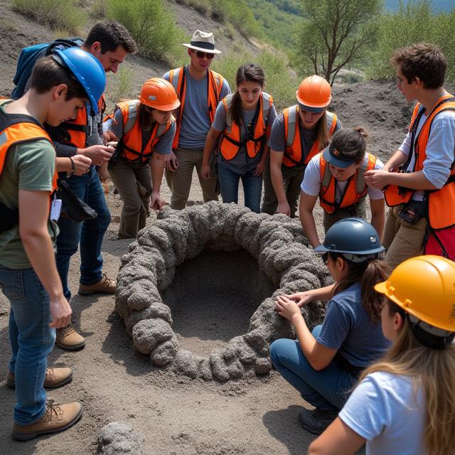 Students examining volcanic rock formations during educational field trip